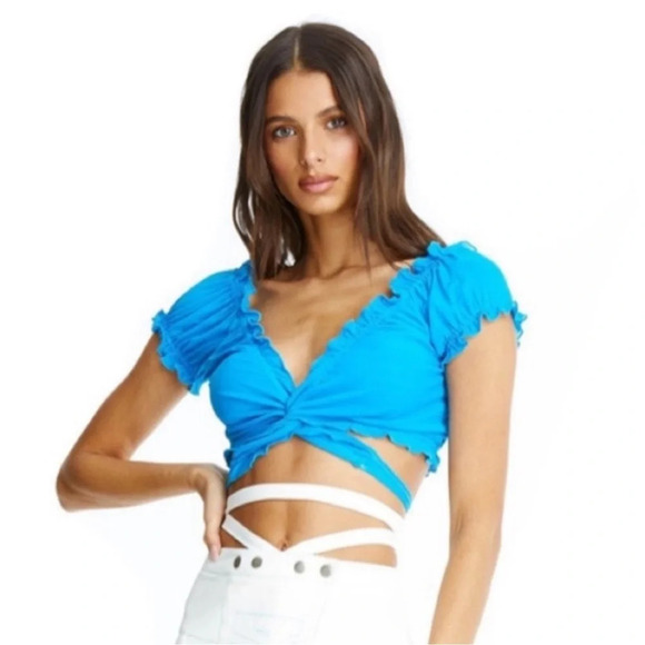 I.AM.GIA. Bindi Cropped Wrap Top Electric Blue Mesh Size M Short Sleeve - Picture 1 of 8